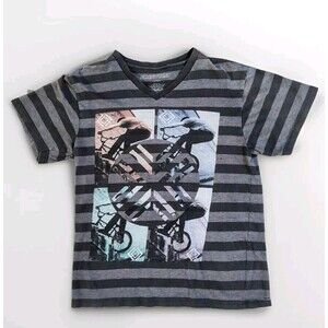 Dikotomy Boys Tee Shirt Large 16-18 Gray BMX Bikes V Neck Striped Cotton Blend